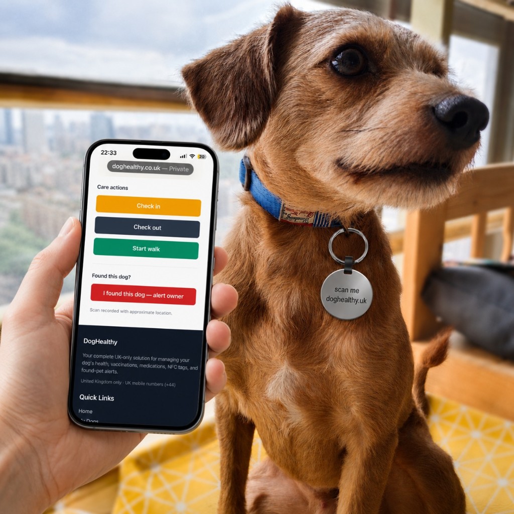 DogHealthy NFC collar tag and phone showing care actions: check in, check out, start walk, and alert owner